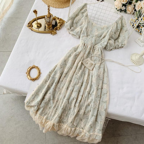 Summer Fairy Dress Women French Style Vintage Retro Chiffon Dress Puff Sleeve Casual Elegant Floral Print Dress Women