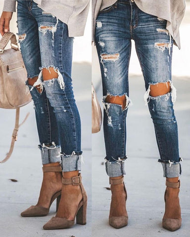 Women High Waist Ripped Cutout Jeans Autumn Casual High Waist Long Pencil Pants Womens Fall Clothes Loungewear Trousers New