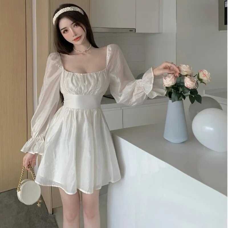 Pink Sweet Elegant Princess Dress Women Casual Korean Slim Long Sleeve Fairy Dress Female Backless Design Vintage Dress