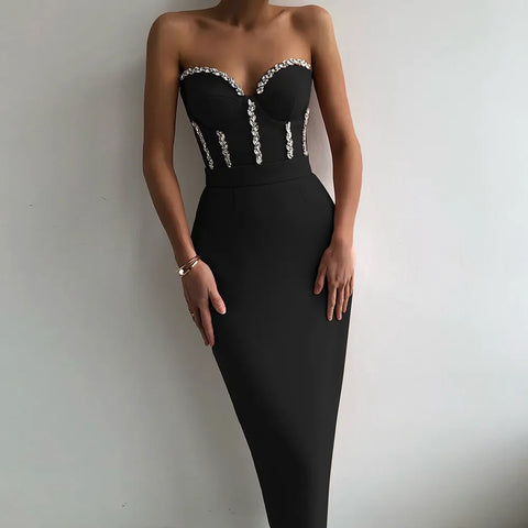 Sexy Strapless Women Dress Bandage Bodycon New Elegant Beading Party Evening Club Midi Dresses Summer Autumn Clothes