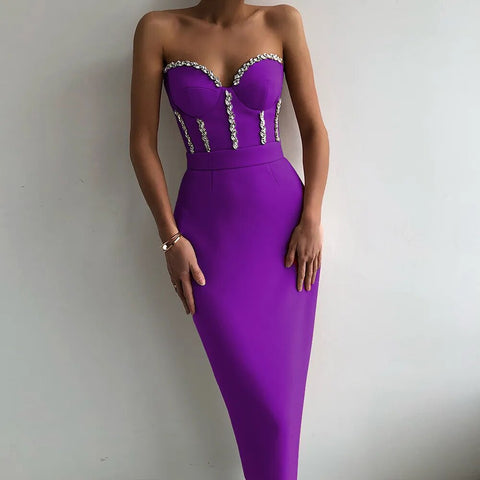 Sexy Strapless Women Dress Bandage Bodycon New Elegant Beading Party Evening Club Midi Dresses Summer Autumn Clothes