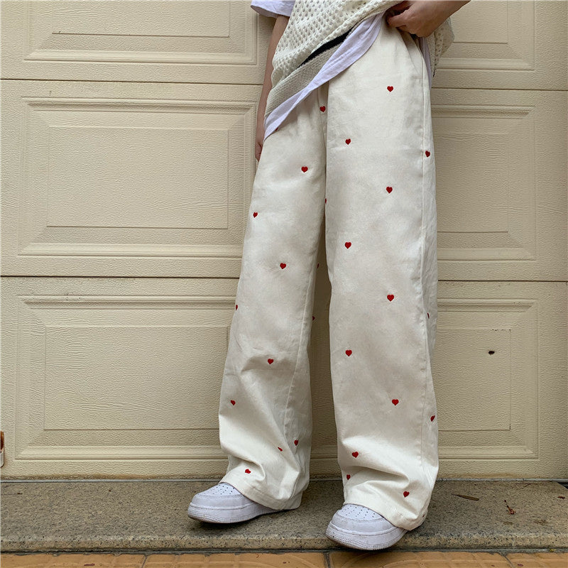 Women's Jeans Streetwear Casual Heart Shaped Embroidery Elastic Waist Vintage Baggy Straight Denim Trouser Mom Wide Leg Pants