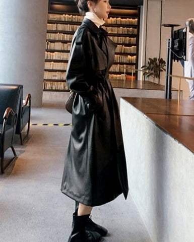 Spring Black Oversized Long Waterproof Leather Trench Coat for Women Long Sleeve Loose Korean Fashion Clothing