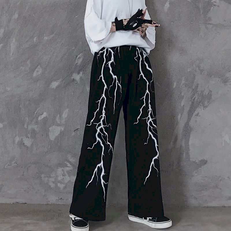 Men's casual pants dark lightning print loose all-match retro pants high street straight wide-leg pants sports pants mens autumn