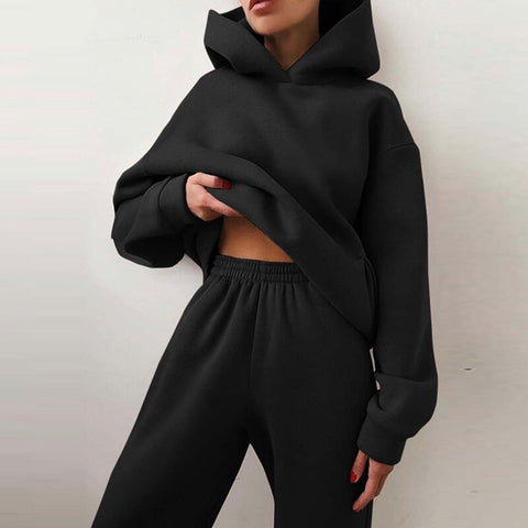 Women Elegant Solid Sets For Women Warm Hoodie Sweatshirts And Long Pant Fashion Two Piece Sets Ladies Lace Up Sweatshirt Suits