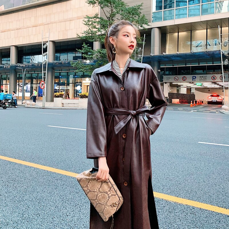 Fitaylor PU Leather Long Jacket New Spring Women Loose Belt Faux Leather Windbreaker Trench Coat Slim Spring Jacket