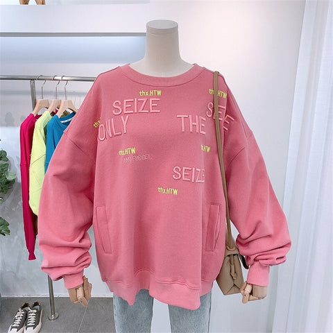 Pullover spring and autumn thin section new Korean loose letter embroidery all-match jacket hooded round neck sweatshirt