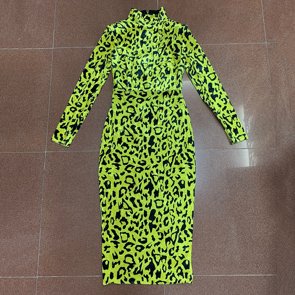 Winter New Fashion Leopard Print Long Dress Elegant Women Long Sleeve Bodycon Dress Celebrity Evening Party Runway Vestidos