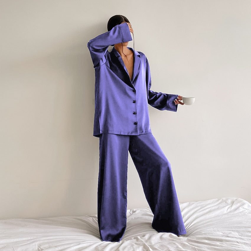 Oversized Satin Silk Sleepwear Low Cut Sexy Pajamas For Women Single-Breasted Long Sleeves Wide Leg Pants Trouser Suits