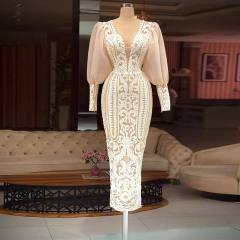 Long Sleeve Dress White Sequin Evening Dress Elegant Vneck Party Long Prom Dress