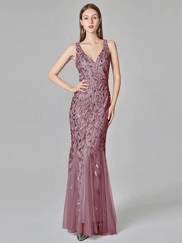 Silver Gray Elegant Fashion Evening Dresses Sexy Simple V Collar Open Back Sleeveless Embroidered Beads Fishtail Dress Gown