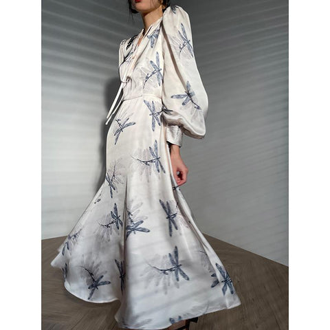 Early Autumn Women's Floral Print Satin Dress Deep V Long Sleeve Single Breasted High Waist Back Hollow Out Lady Loose Robe