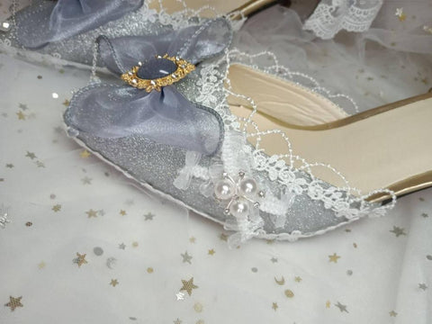 Princess kawaii shoes round head high heel Kawaii girl sweet lolita shoes pearl lace bowknot women shoes