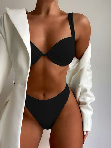 New High Cut Bikini Push Up Swimsuit Female Swimwear Women Summer Solid Bikini set With Bra Cup Bather Bathing Suit Swim Lady