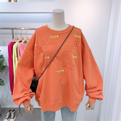 Pullover spring and autumn thin section new Korean loose letter embroidery all-match jacket hooded round neck sweatshirt