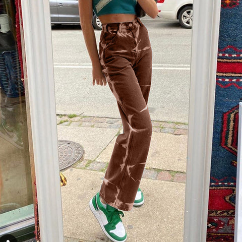 pbong Brown Tie Dye Print Y2k Baggy Mom Jeans Women Vintage Aesthetic Straight Denim Pants High Waist Gray Trousers Streetwear