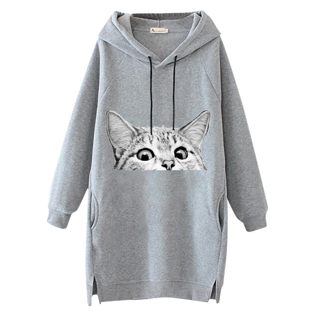 Women Long Hoodie Sweatshirt Pullover Cartoon Print Long Sleeve Splited Pockets Sweatshirt Hoody Pullovers Dress Sudadera Mujer