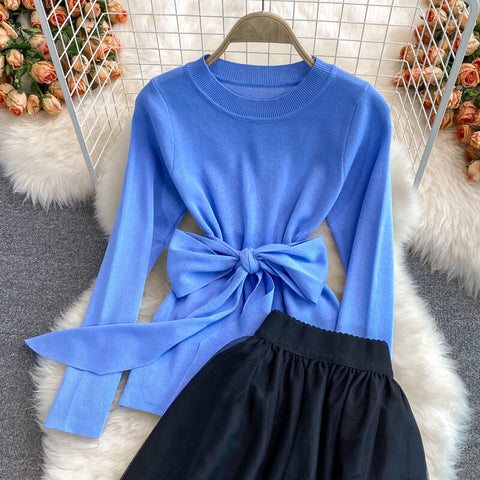 Autumn Spring Blue Knit Tops and Embroidery A-line Midi Skirt Two piece Sets Women Runway Design Fashion Knit Set Suit M69511