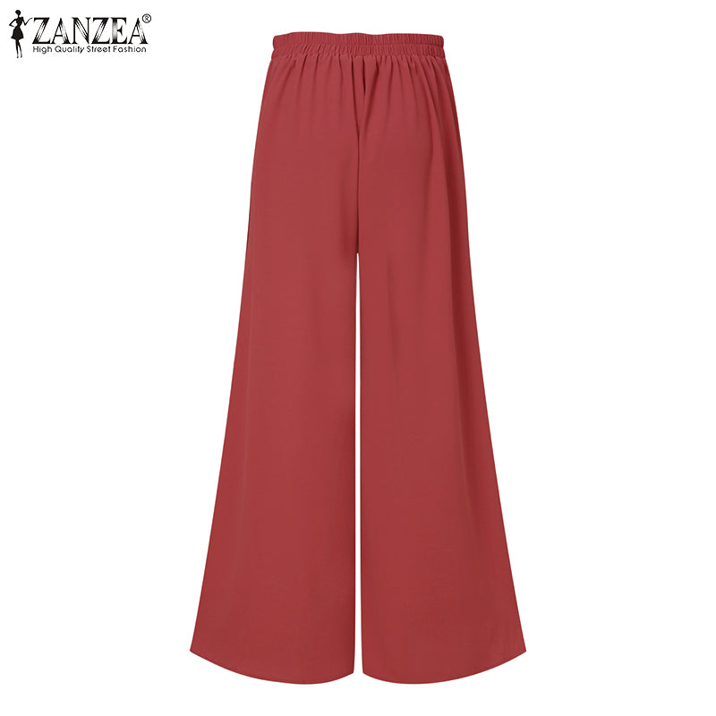 Pbong Women's Fashion Autumn Pants Vintage Elastic Waist Trousers ZANZEA Casual Wide Leg Pants Female Solid Button Bottoms