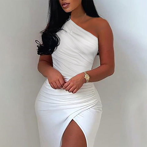 Summer Elegant Solid One Shoulder High Split Thigh Ruched Maxi Floor Dress White Sexy Corset Asymmetric Party Robes Female