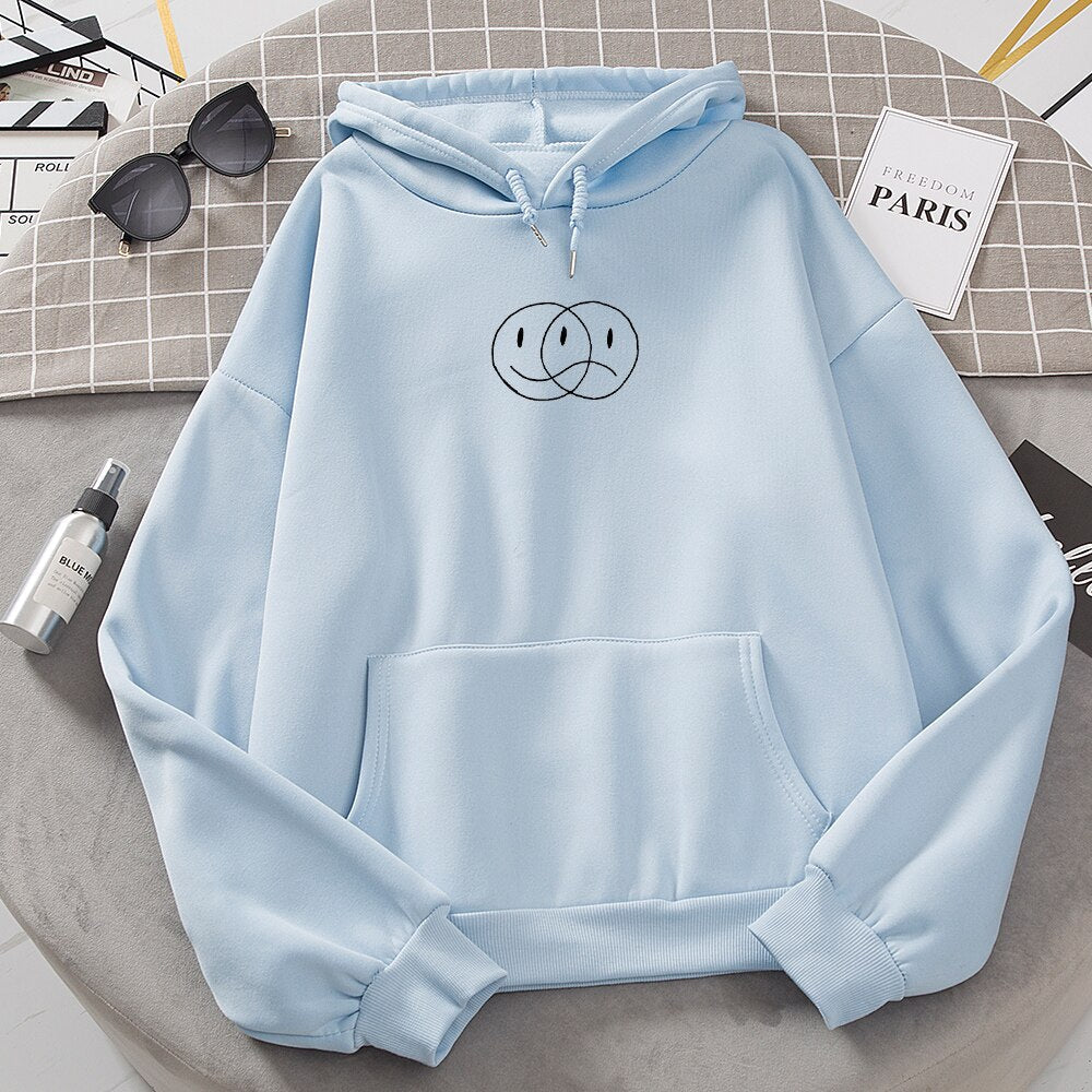 Korean Streetwear Sweatshirt Men Women Casual Pullover Hip Hop Long Sleeve Smile Sad Face Line Print Hoodies Sportswear Tops