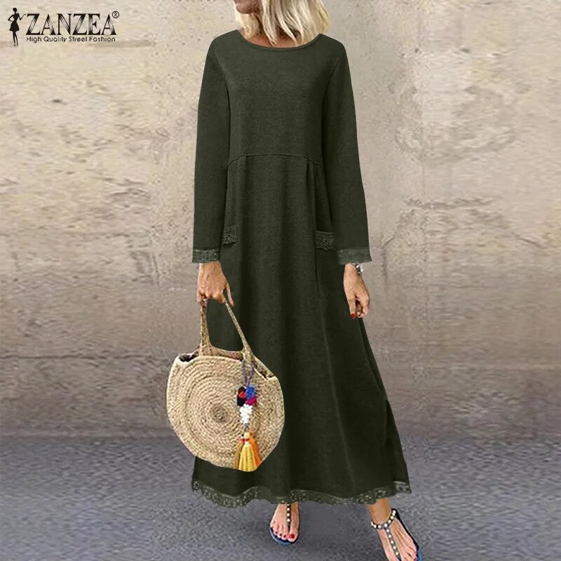 Fashion Women's Autumn Sundress Lace Patchwork Sweatshirts Dress Female Hoodies  Maxi Vestidos Pullover