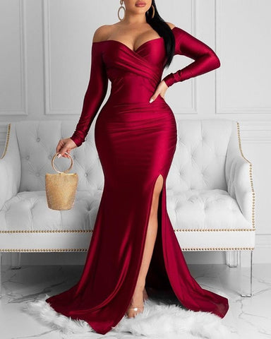 Women Spring Autumn Elegant Off Shoulder Ruched Slit Long Dress Long Sleeve Maxi Solid Elegant Lady Dress Party Female