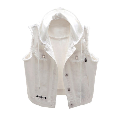 Plus Size 5XL White Hooded Denim Vest Coat Women New Autumn Casual Short Sleeveless Jacket Single-Breasted Jeans Waistcoat G1035