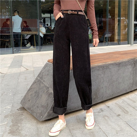 Spring New Women's Casual Loose Corduroy Wide Leg Pants Fashion Full Length Trousers With Sashes Female Bottoms B01308O