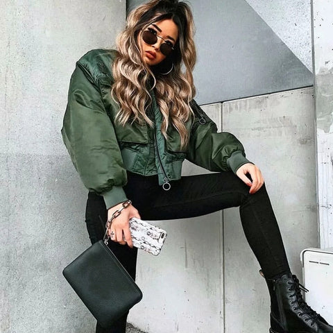 stylish lady autumn winter za green short jackets women fashion long sleeve zipper bomber jacket outwear women's coat