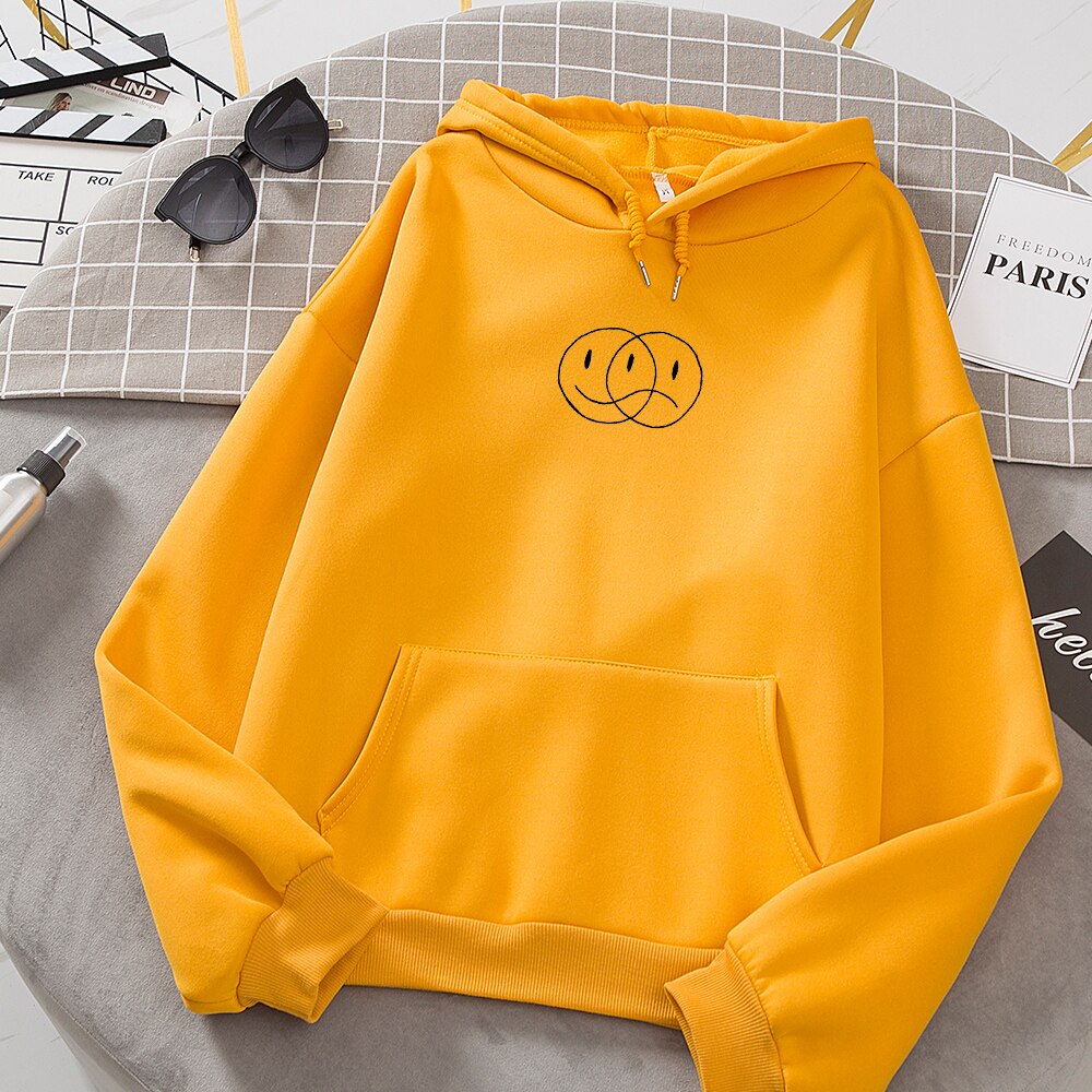 Korean Streetwear Sweatshirt Men Women Casual Pullover Hip Hop Long Sleeve Smile Sad Face Line Print Hoodies Sportswear Tops