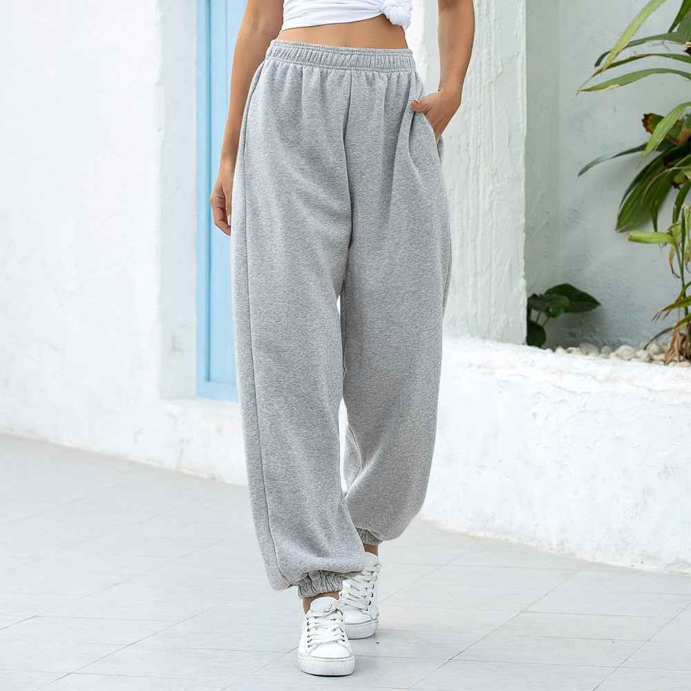 Women Casual Sport Pants Solid Running Jogger Pants Female Two Pockets Tracksuit Elastic Waist Ladies Sweatpants Baggy Trousers