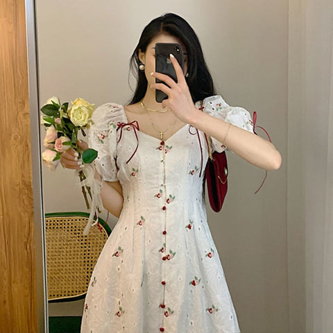 French Sweet Fairy Dress Summer Floral Women Vintage Split Dress Kawaii Korean Style Casual Party Evening Elegant Dress