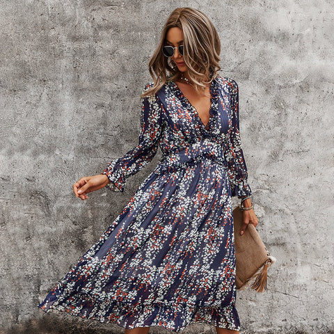 Sexy V Neck Floral Dress Ladies Butterfly Sleeve High Waist Casual Print Dresses For Women Summer Chiffon Dress