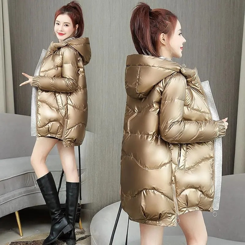 New Winter Jacket Parkas Women Glossy Down Cotton Jacket Hooded Parka Warm Female Cotton Padded Jacket Casual Outwear P985