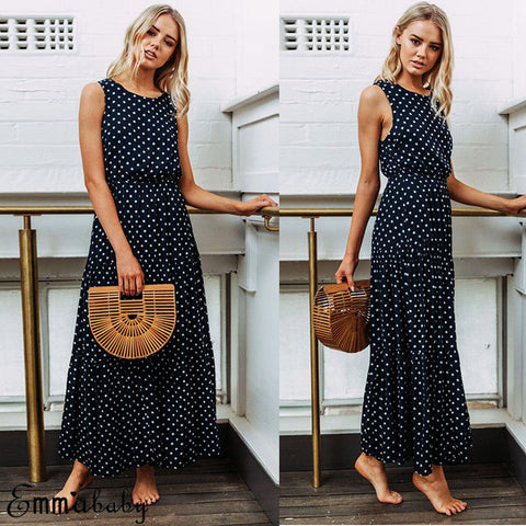 Pbong mid size graduation outfit romantic style teen swag clean girl ideas 90s latina aestheticBobo Women Dark Blue Boho Loose Sleeveless Holiday Dot Print Long Maxi Dress Evening Party Beach Dresses Summer Sundress