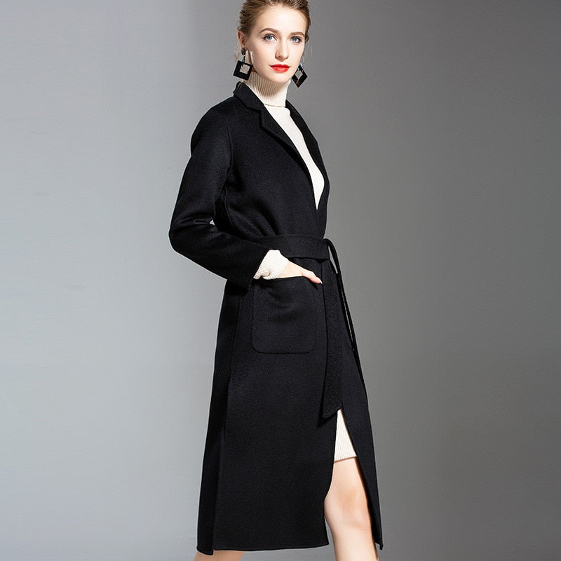 European and American water wave cashmere coat women's  medium and long winter wool coat double-sided women's cloth coat