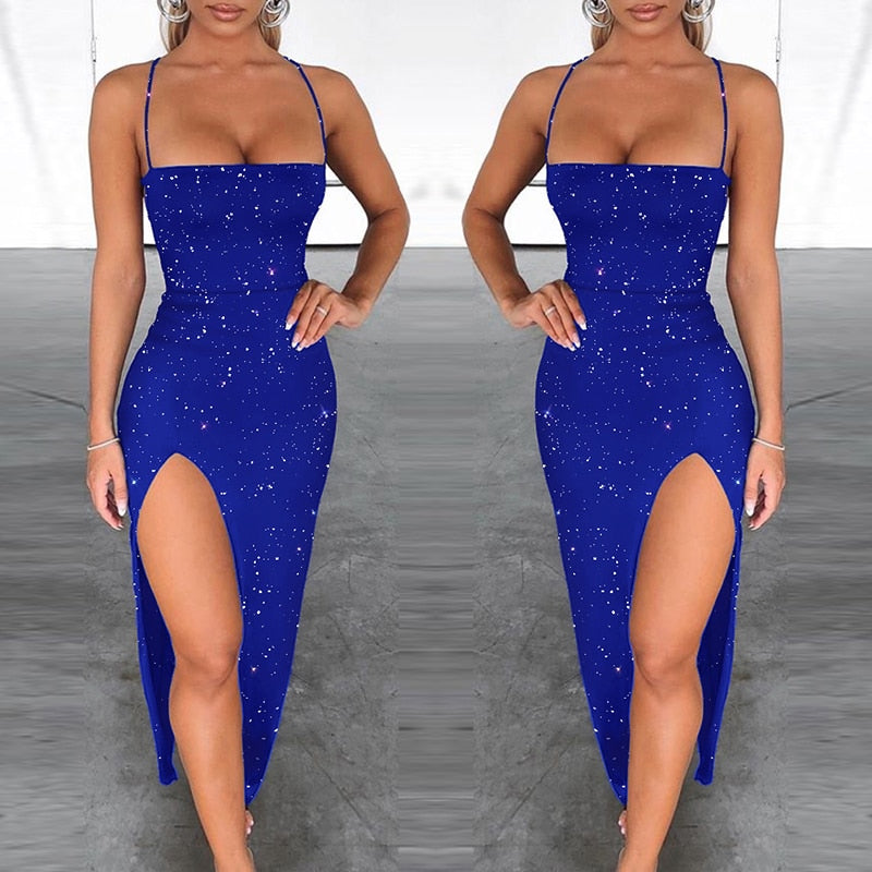 Summer Sexy Party Dress Women Blue Glitter Criss Cross Backless Slit Party Dress Sleeveless Midi Long Dress Sexy Robes New