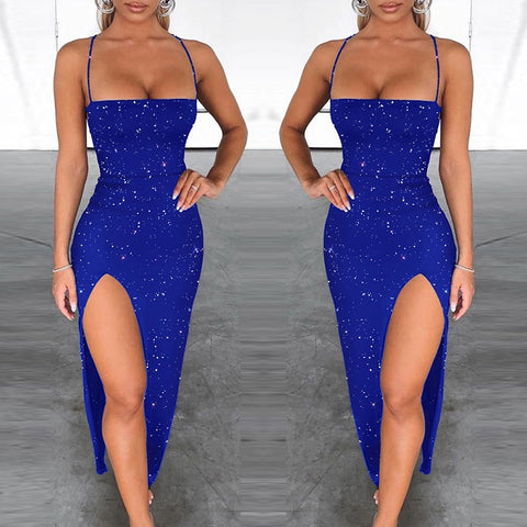 Summer Sexy Party Dress Women Blue Glitter Criss Cross Backless Slit Party Dress Sleeveless Midi Long Dress Sexy Robes New