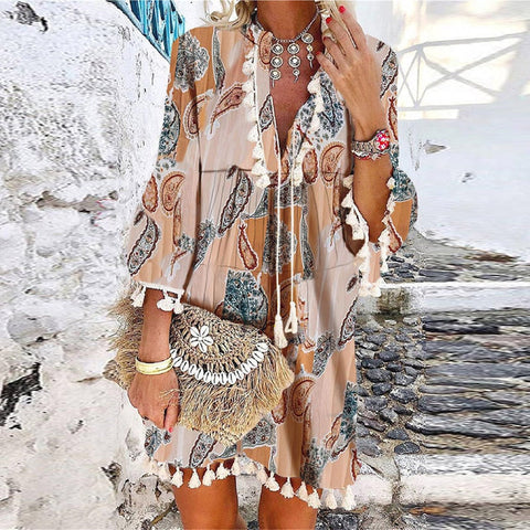 Women Floral Print 3/4 Sleeve Mini Dress Spring V Neck Tassel Vintage Party Dress Casual Loose Summer Beach Dresses Vestido