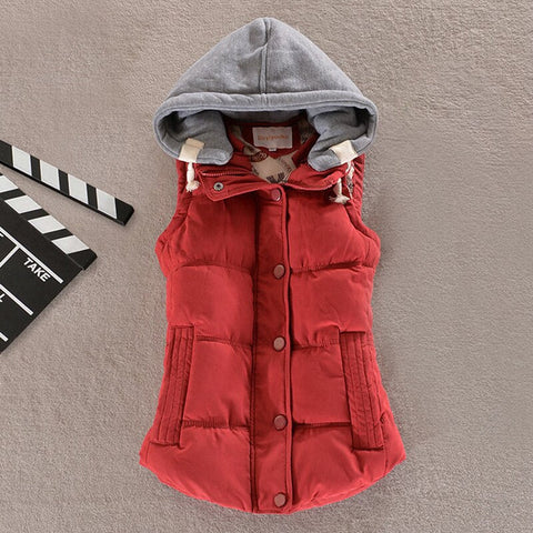winter women solid thick vest hooded casual female warm outwear cotton padded office ladies single breasted chaleco mujer