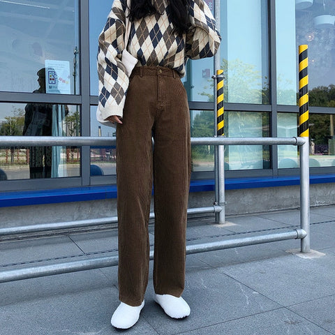 Loose Corduroy Pants Women Spring Wide Leg High Waist Trousers Autumn Casual Long Pants Harajuku Streetwear Beige Trousers