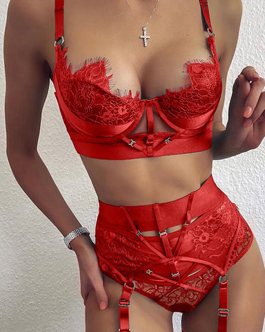 Women Spaghetti Strap Patchwork Sexy Chic Eyelash Lace Garter Lingerie Set Sheer Plain Christmas Skinny