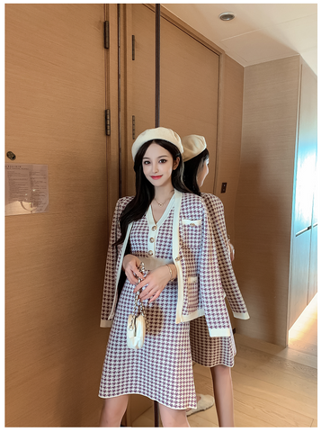 New  Autumn Winter Knitted 2 Piece Set Women Single-Breasted Houndstooth Cardigan Jacket Warm Sweater Coat+Knit Vest Dress