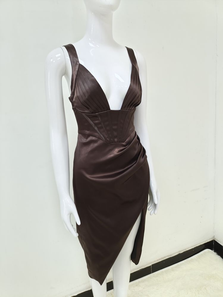 Pbong mid size graduation outfit romantic style teen swag clean girl ideas 90s latina aestheticHigh Quality Sexy Ladies Brown Mid length Dress Sleeveless Strap Dress V-Neck Bodycon Party Celebrity Evening