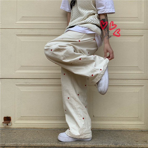 Women's Jeans Streetwear Casual Heart Shaped Embroidery Elastic Waist Vintage Baggy Straight Denim Trouser Mom Wide Leg Pants