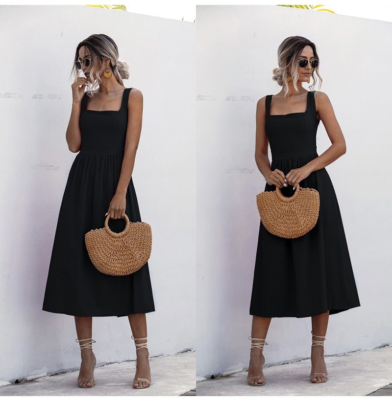 Long Dress For Women Sexy Backless Casual White Black Ruched Midi Sundresses Summer Spaghetti Strap Women's Dress Clothing