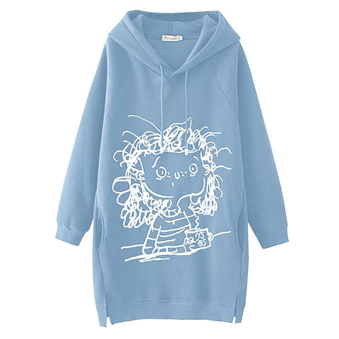 Women Long Hoodie Sweatshirt Pullover Cartoon Print Long Sleeve Splited Pockets Sweatshirt Hoody Pullovers Dress Sudadera Mujer