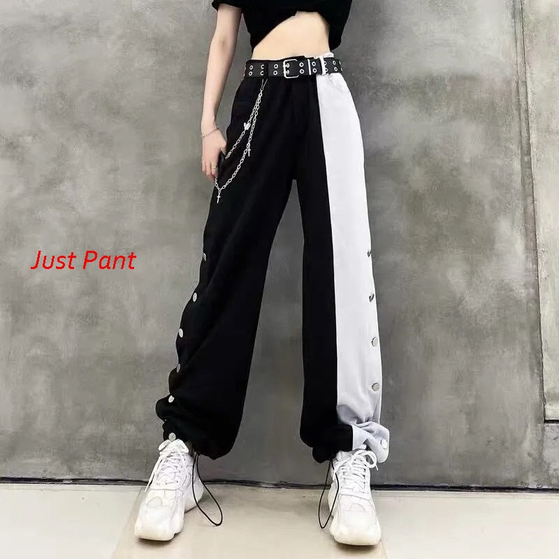 New Arrival Women Fashion Contrast Cargo Pants Female Elastic Waist Wide Leg Trousers Ladies Korean High Street Pant Plus Size