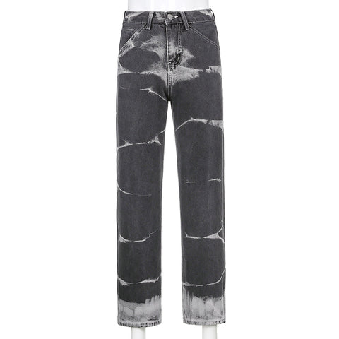 pbong Brown Tie Dye Print Y2k Baggy Mom Jeans Women Vintage Aesthetic Straight Denim Pants High Waist Gray Trousers Streetwear